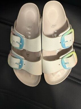 Birkenstock White Sandals with Pastel Gradient Buckles